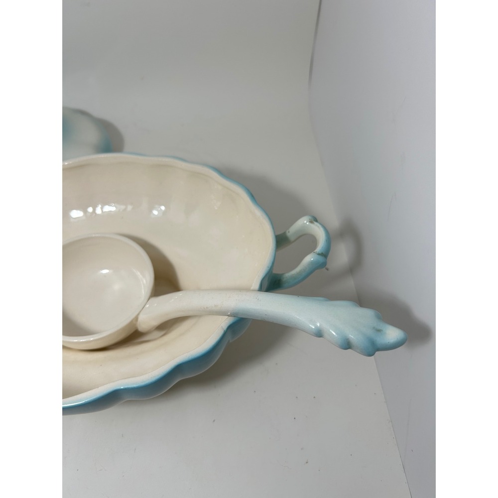 Vintage Scalloped Ceramic Soup Tureen with Lid and Ladle Blue White Ombre 11.5in - Picture 9 of 13